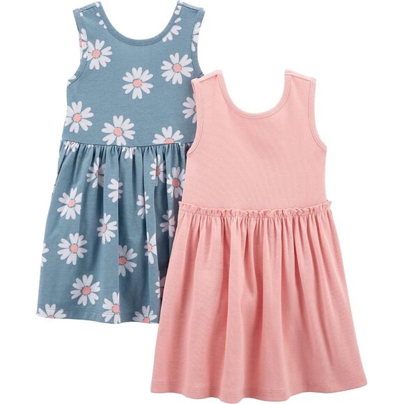 🆕Toddler Girls  Dusty Blue Floral/Pink Cotton Short-Sleeve Dress Set Pack of 2 - Picture 1 of 7